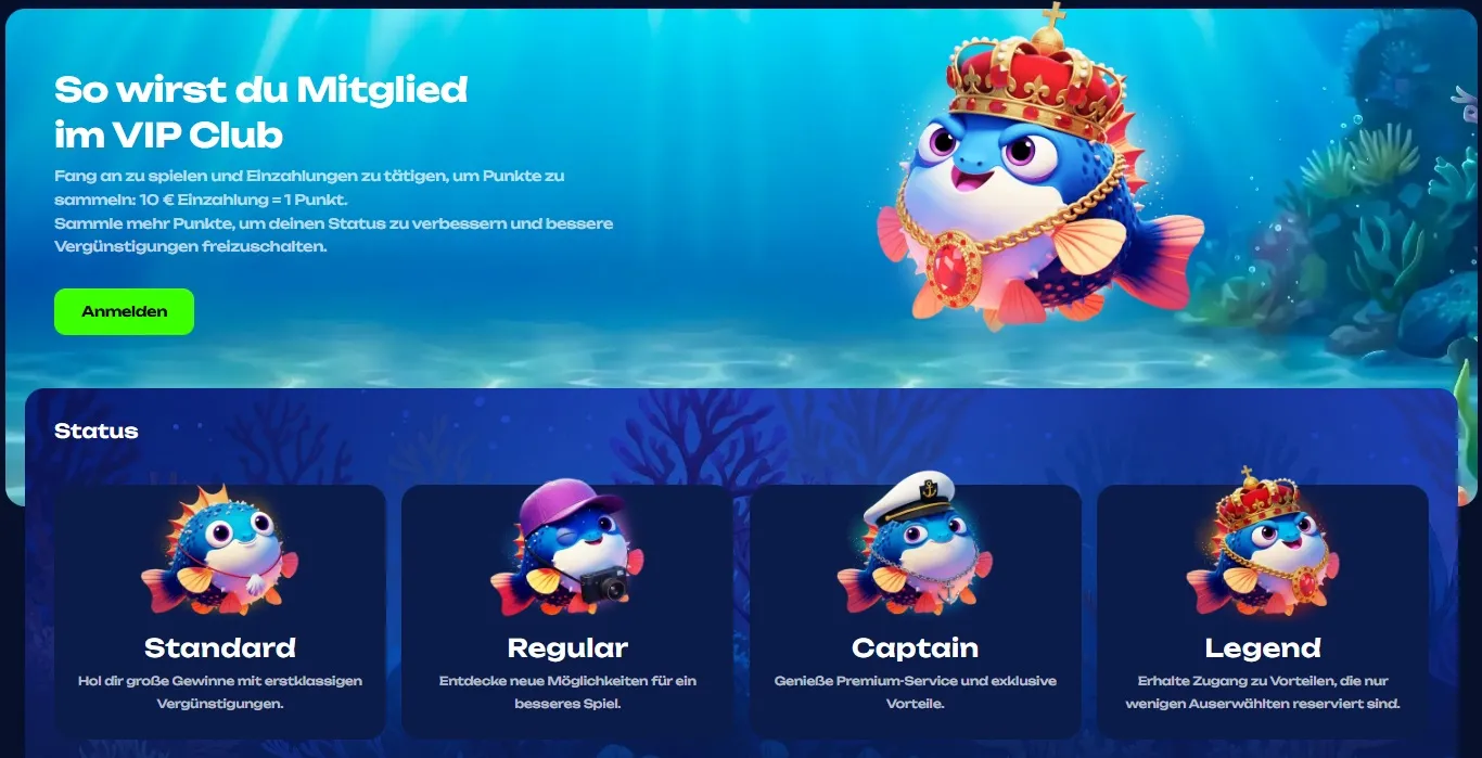 Fugu Casino VIP Club mit den Statusstufen Standard, Regular, Captain und Legend