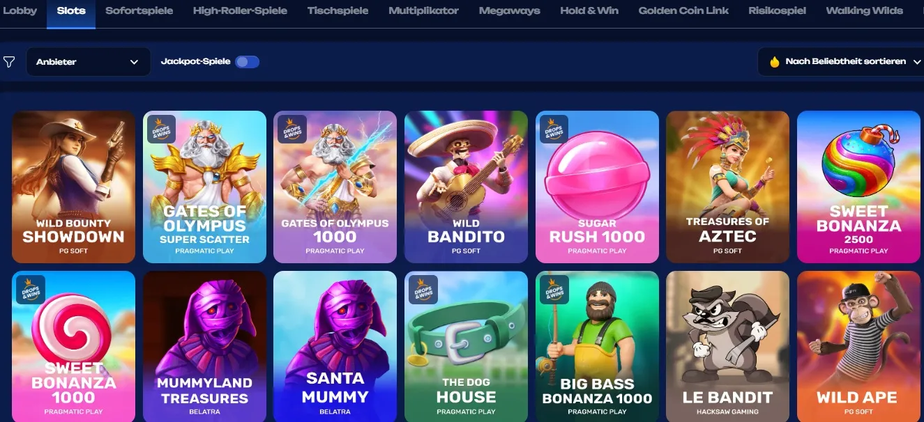 Fugu Casino Slots-Übersicht mit Spielen wie Gates of Olympus 1000, Sweet Bonanza, Wild Bandito und Big Bass Bonanza